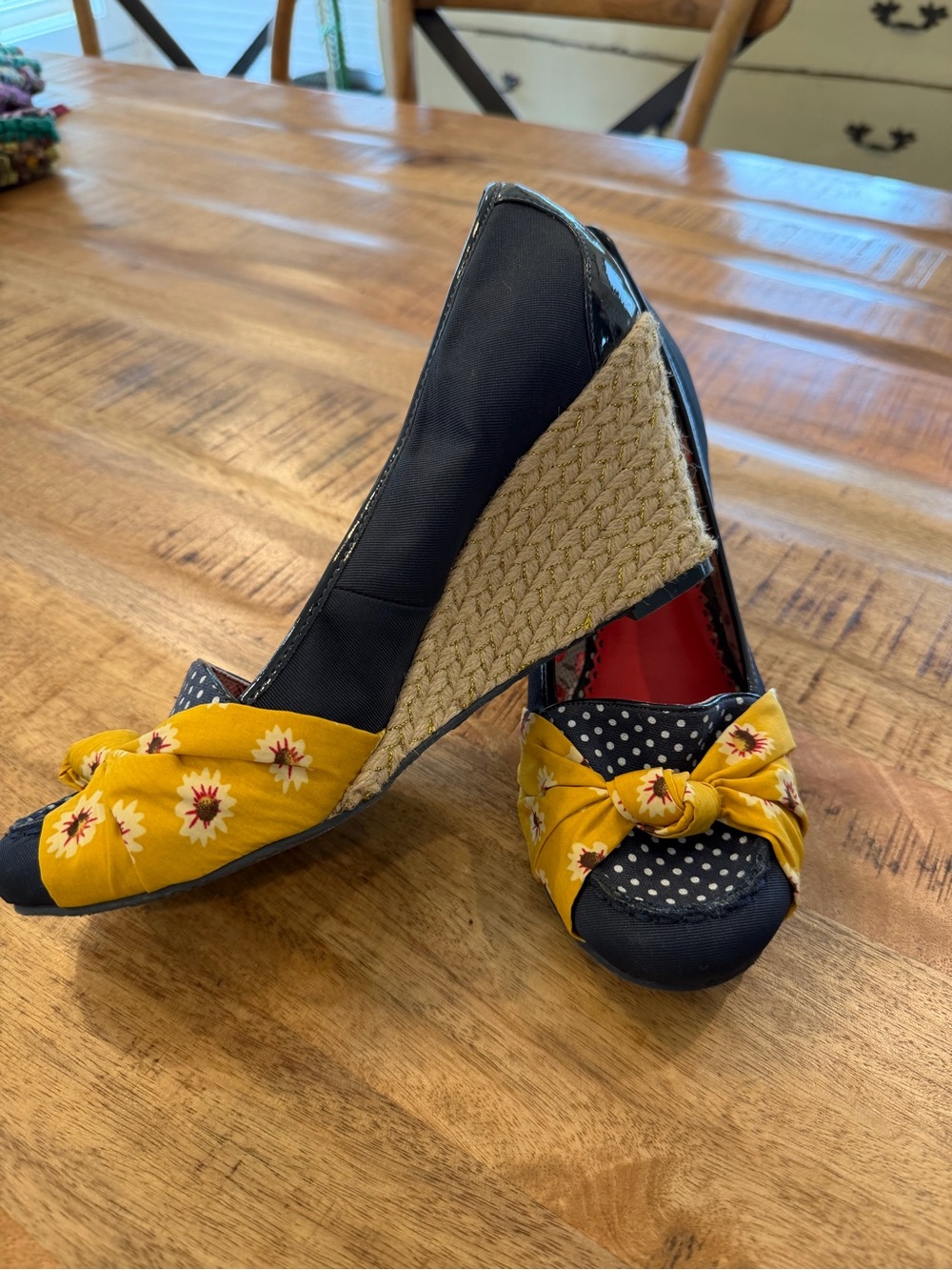 Poetic License Yellow Floral & Navy Espadrille Wedge Heels